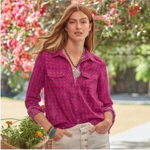 Sundance Floral Joy Button Down Shirt Pink Size XL Extra Large Top Blouse